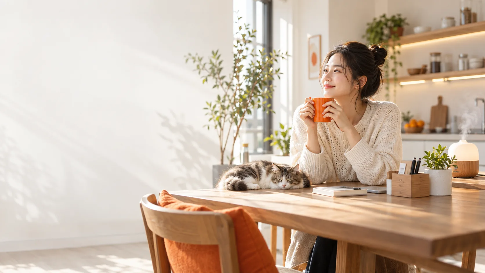 Warm everyday home scene with cat
